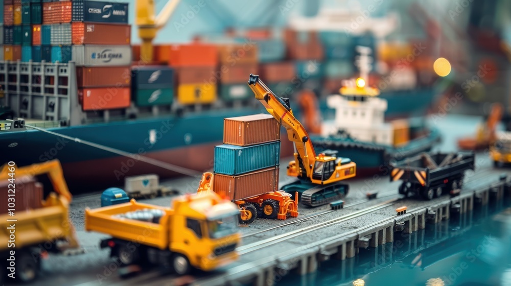 Fototapeta premium Miniature Construction Vehicles Offloading Containers