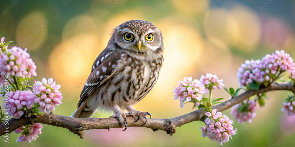 Little owl perched on wooden branch with flowers Little owl perched on wooden branch with flowers