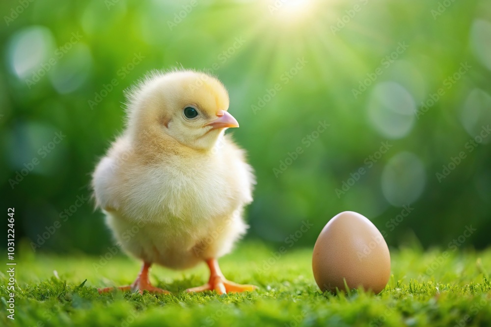 Little yellow chicken and egg on grass with reflection on green background Little yellow chicken and egg on grass with reflection on green background