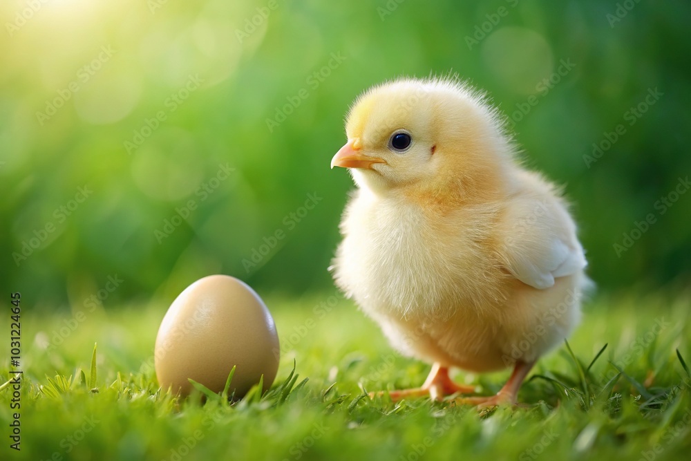 Little yellow chicken and egg reflected on the grass against a green background Little yellow chicken and egg reflected on the grass against a green background