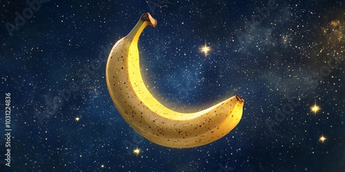 A whimsical, surreal image of a banana in the shape of a crescent moon, floating in the night sky among stars. The peel glows faintly, adding a magical, dreamlike quality to the scene. photo