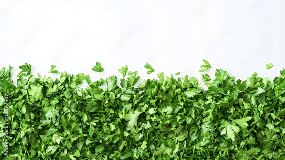 chopped parsley leaves isolated on white background with copy space above. chopped parsley leaves isolated on white background with copy space above.