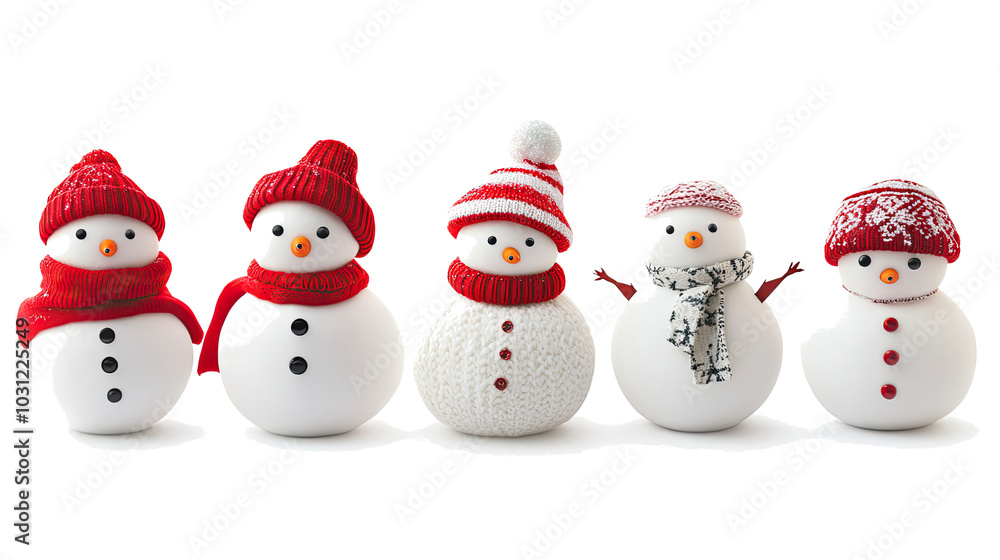 Five Cute Snowmen in Colorful Hats on White Background Generative AI Five Cute Snowmen in Colorful Hats on White Background Generative AI
