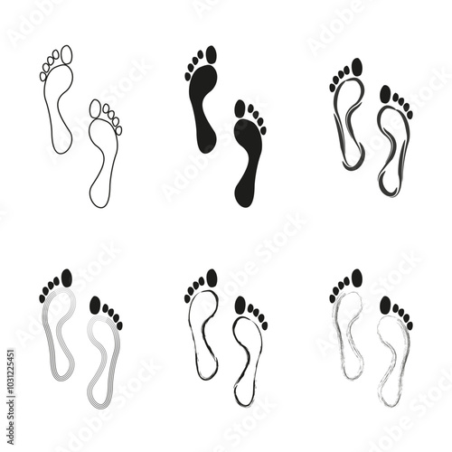 Footprints vector icon. Walking steps illustration. Black and white footprints. Multiple variations design.