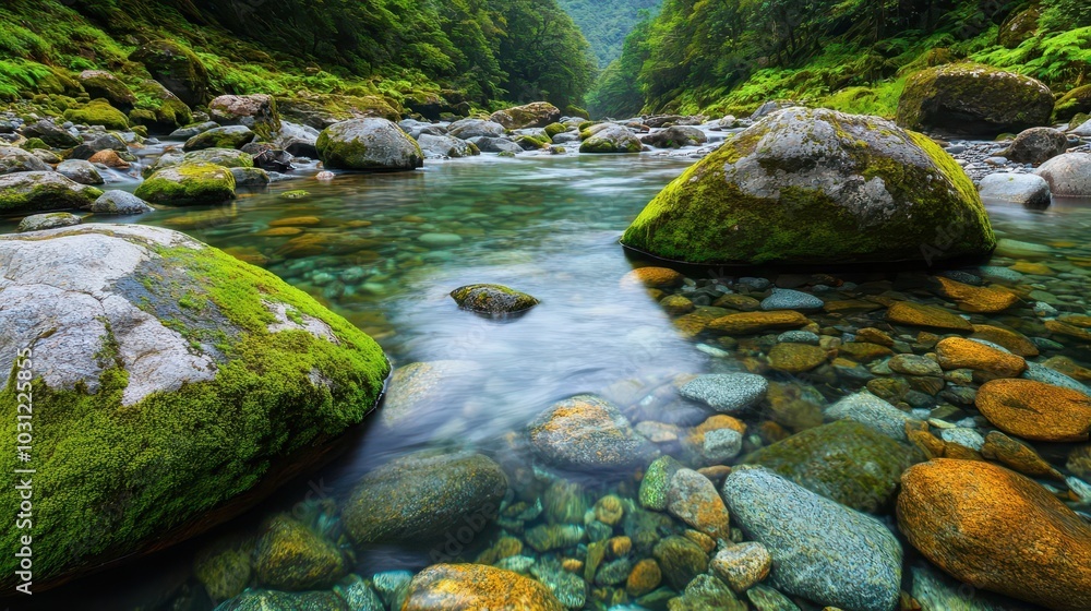 Crystal-clear stream winding through large moss-covered rocks, with vibrant greenery all around and soft light dancing on the water's surface, stream boulders mossy