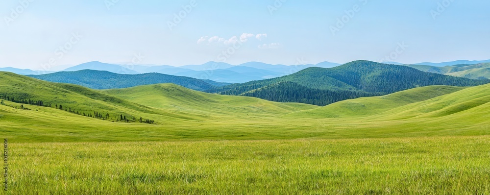 Obraz premium High-altitude plateau with patches of vibrant green grass, soft rolling hills, and a clear, uninterrupted horizon under a vast blue sky, plateau grass horizon