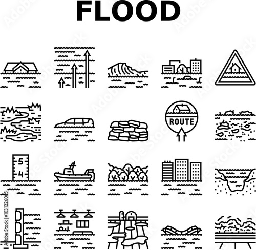 flood water disaster rain icons set vector. river storm, surge inundation, overflow deluge, emergency evacuation, rescue, damage flood water disaster rain black contour illustrations