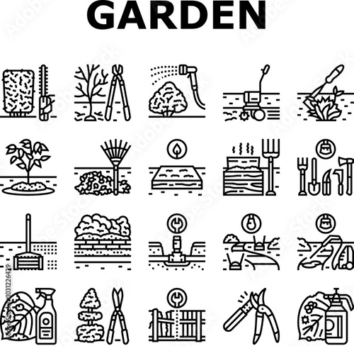 garden maintenance mulching icons set vector. pruning mulching, fertilizing watering, mowing edging, planting trimming, aerating garden maintenance mulching black contour illustrations