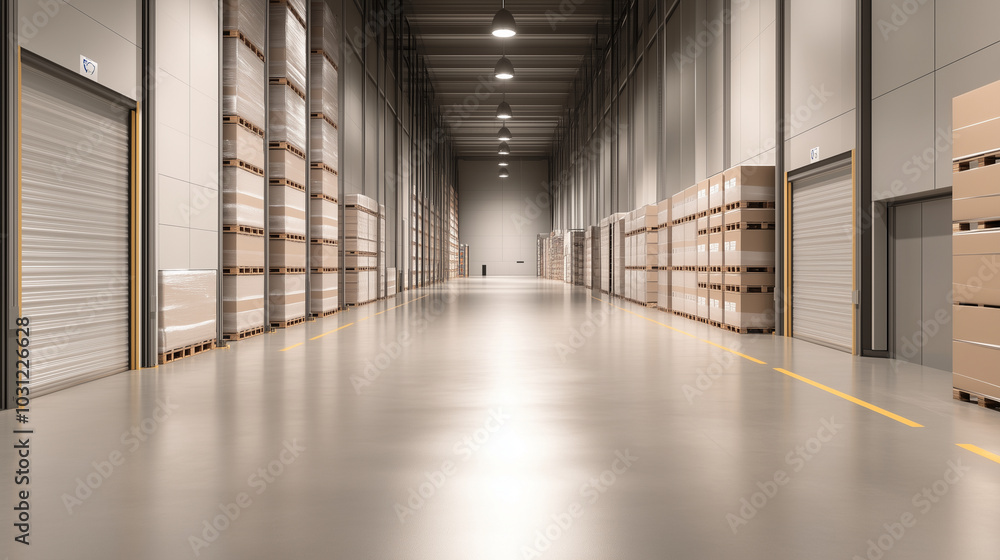 A clean and organized warehouse interior with high shelves filled with boxes, neatly stacked and aligned. A clean and organized warehouse interior with high shelves filled with boxes, neatly stacked and aligned.