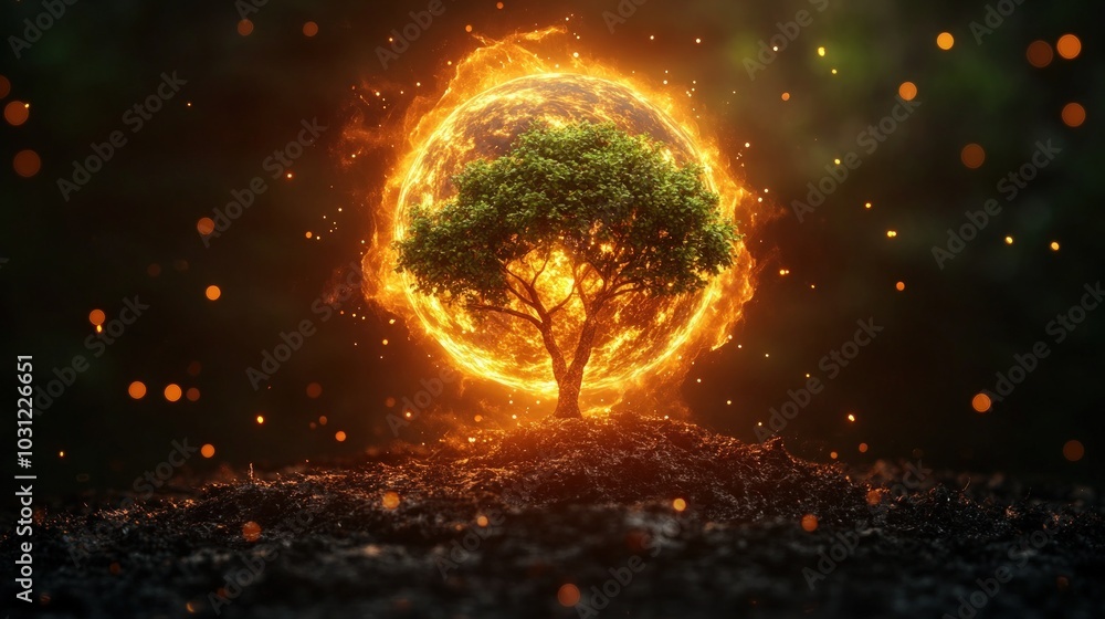 Fototapeta premium A tree grows from a glowing, fiery orb.