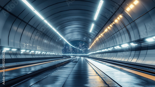 A photorealistic image of an empty, futuristic tunnel with lights and train tracks