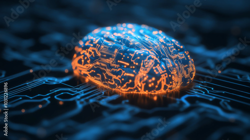 A futuristic brain illuminated with neon circuits, representing artificial intelligence and technology, on a dark circuit board background.