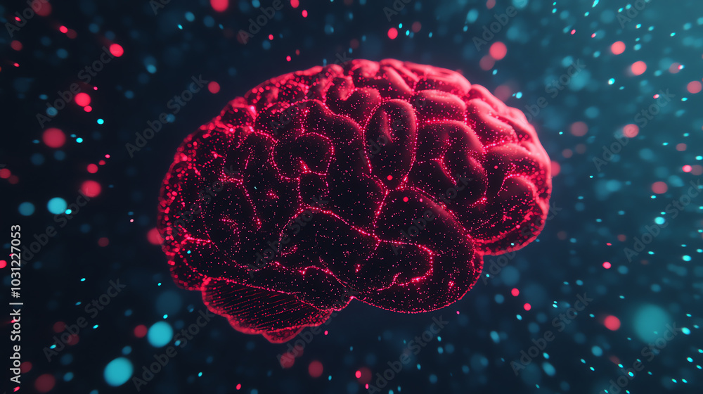 A vibrant and intricate representation of a human brain, surrounded by colorful particles, symbolizing creativity and intelligence against a dark, dreamy background.