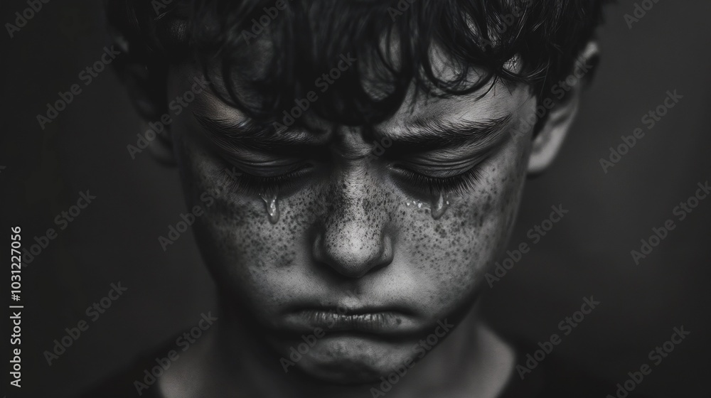Obraz premium Sad boy with tear-streaked face looking down in black and white