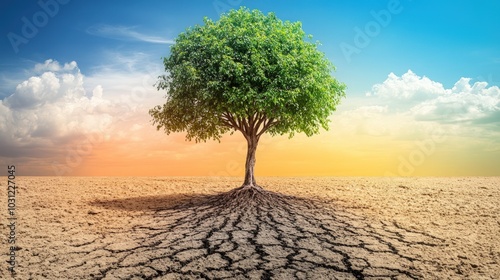 A single tree stands tall amidst a cracked, arid desert landscape, symbolizing resilience and hope in the face of environmental challenges.