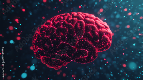 Obraz na płótnie A vibrant and intricate representation of a human brain, surrounded by colorful particles, symbolizing creativity and intelligence against a dark, dreamy background. w salonie
