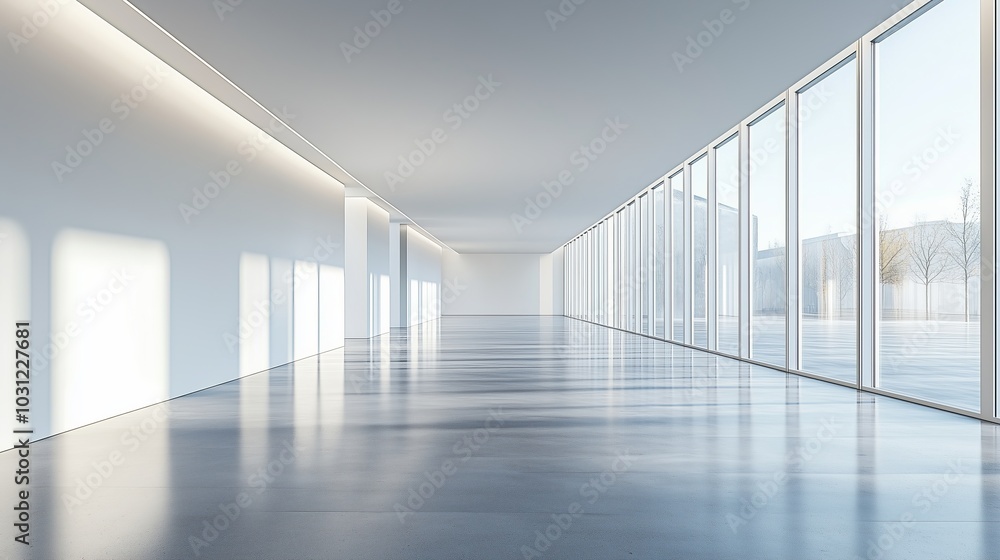 Fototapeta premium Modern empty art gallery with white walls and large windows