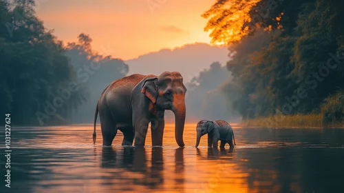 Obraz Maravillosa familia de elefantes en Asia pastan y disfrutan del agua.

