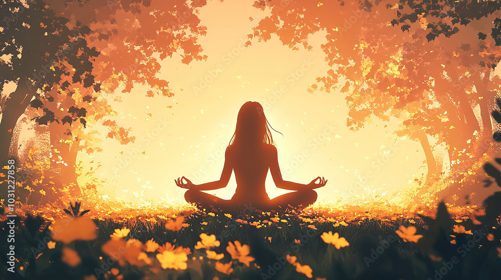 Illustration style A sitting yoga on the grass floor in the woods Illustration style A sitting yoga on the grass floor in the woods