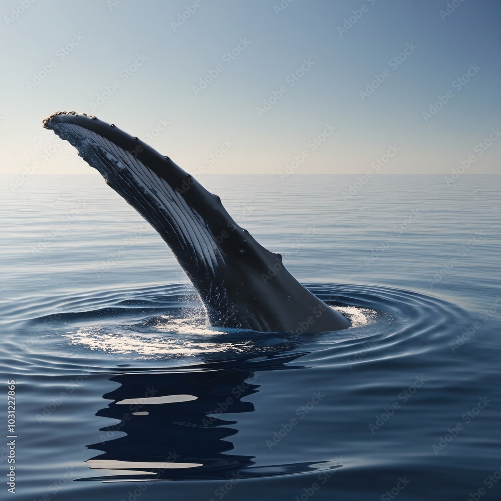 Obraz premium An ultra-realistic shot of a southern baleen whale's large fin emerging from the water, taken from a distance.