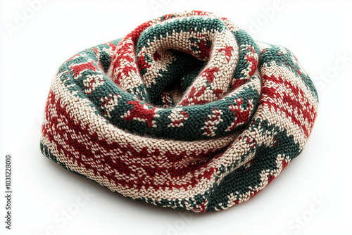 Traditional Christmas Knitted Scarf Isolated on White Background