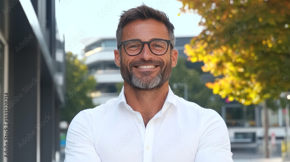 Smiling man in glasses looking at the camera, standing in the city. Smiling man in glasses looking at the camera, standing in the city.