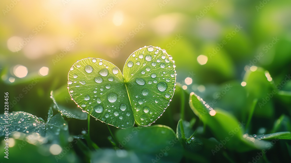 A heart-shaped clover leaf with dewdrops, sunlight shining through the leaves A heart-shaped clover leaf with dewdrops, sunlight shining through the leaves