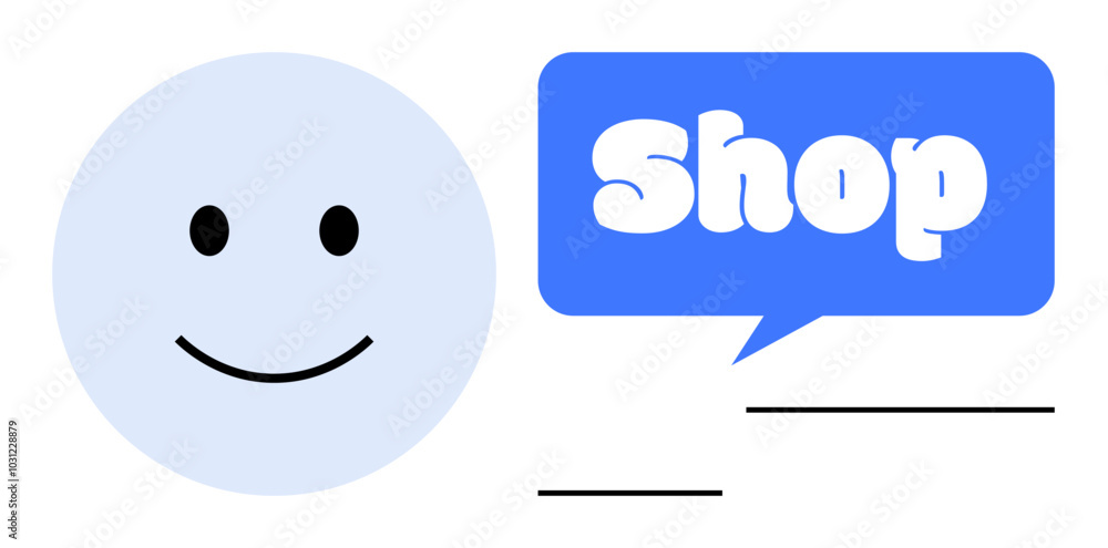happy face with a speech bubble reading Shop on the right. Ideal for online shopping, marketing, customer service, retail promotion, and e-commerce. Simple, friendly, vector, easy to use happy face with a speech bubble reading Shop on the right. Ideal for online shopping, marketing, customer service, retail promotion, and e-commerce. Simple, friendly, vector, easy to use