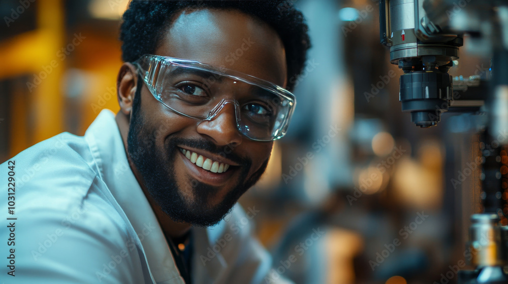 A smiling Black man wearing safety glasses looks at the camera while working with a machine. A smiling Black man wearing safety glasses looks at the camera while working with a machine.