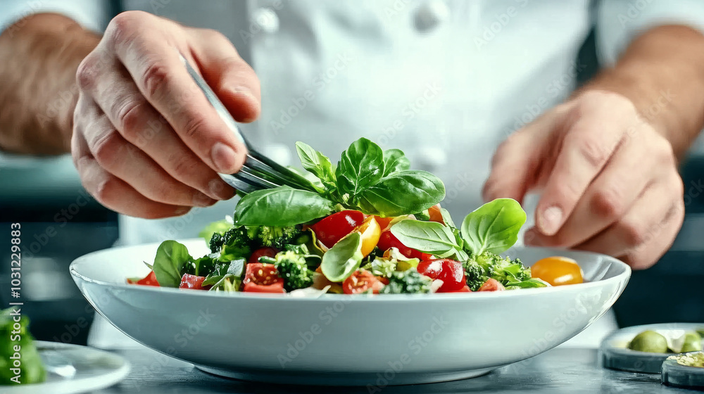 Chef carefully arranging fresh salad with a fork. Chef carefully arranging fresh salad with a fork.
