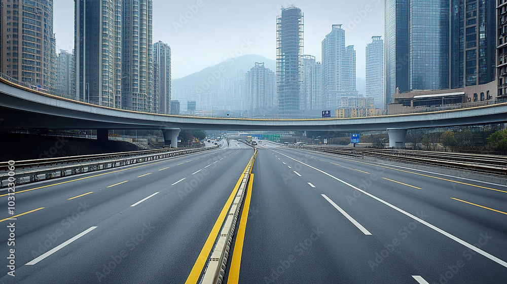 Fototapeta premium A highway with modern buildings in the background, no cars on it, with empty asphalt and yellow lines