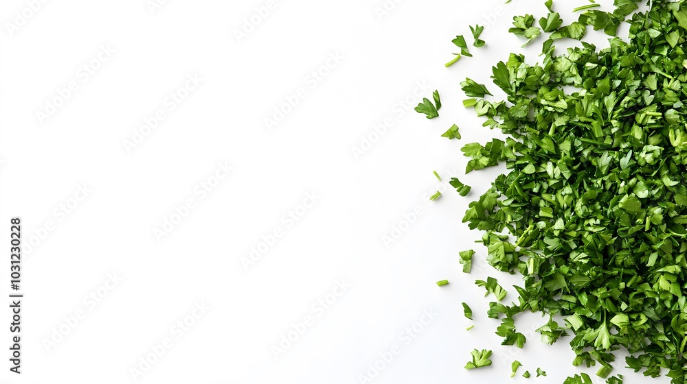 chopped parsley leaves isolated on white background with copy space above. chopped parsley leaves isolated on white background with copy space above.