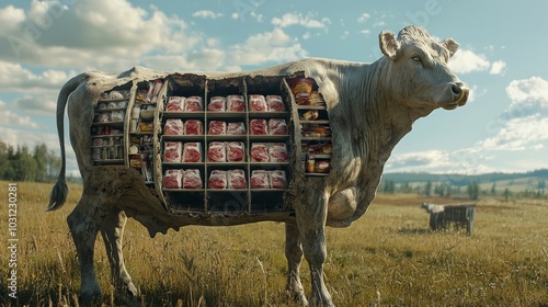 A surreal, hyper-realistic image of a cow standing in a field, its body hollow like a mannequin. Through its open chest, rows of neatly arranged packaged meats are displayed on shelves inside