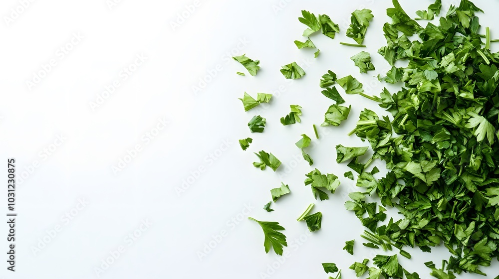 chopped parsley leaves isolated on white background with copy space above. chopped parsley leaves isolated on white background with copy space above.