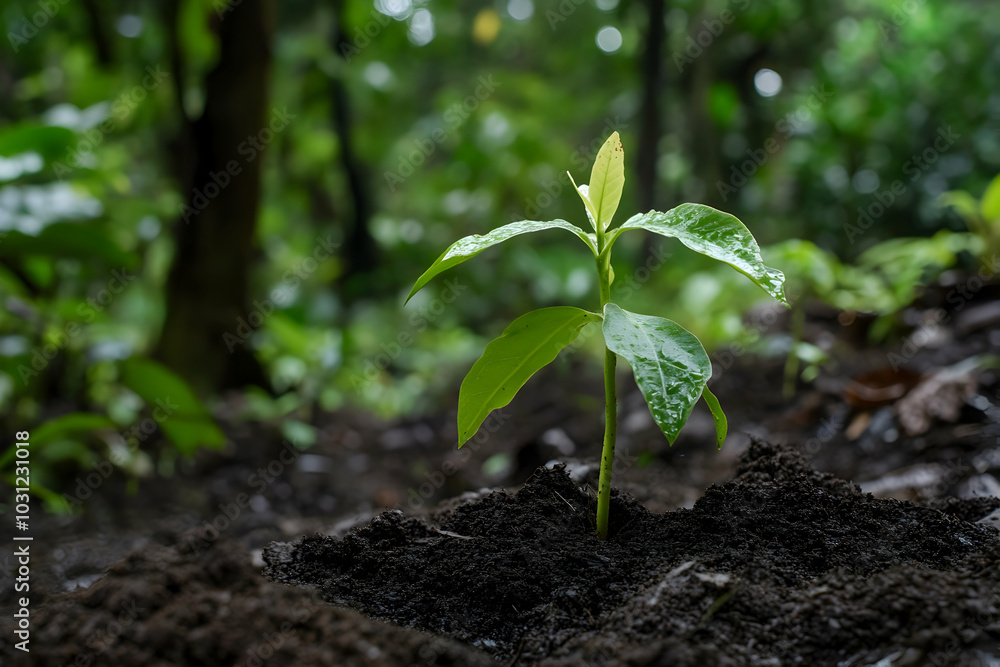 A Tiny Sprout Emerging From Dark Soil in a Lush Green Forest - Realistic Image A Tiny Sprout Emerging From Dark Soil in a Lush Green Forest - Realistic Image