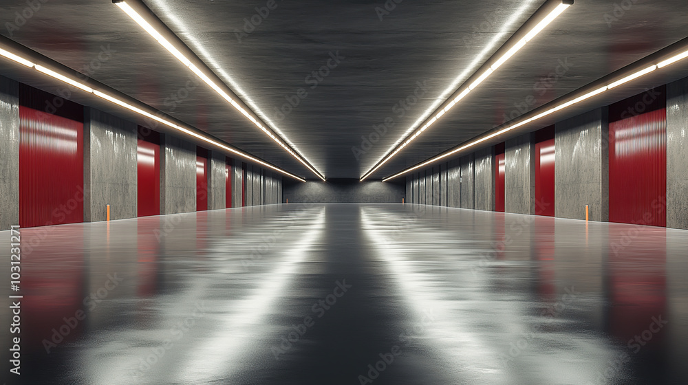 Modern underground parking lot with a white painted floor, LED lighting Modern underground parking lot with a white painted floor, LED lighting