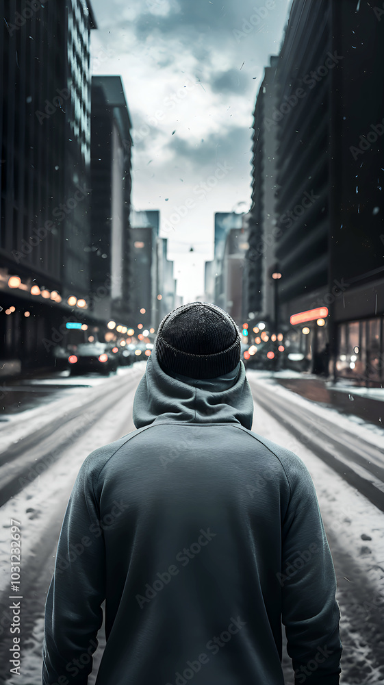 Urban Journey: A lone figure walks down a snow-dusted city street, the towering skyscrapers creating a dramatic backdrop. The image evokes a sense of solitude, ambition. Urban Journey: A lone figure walks down a snow-dusted city street, the towering skyscrapers creating a dramatic backdrop. The image evokes a sense of solitude, ambition.