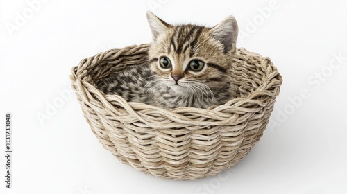 A cute tabby kitten sits inside a wicker basket on a white background.