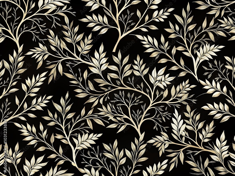 Abstract Digital Art Nature Pattern with White Contours on Black Background for Textile and Wallpaper Design Abstract Digital Art Nature Pattern with White Contours on Black Background for Textile and Wallpaper Design