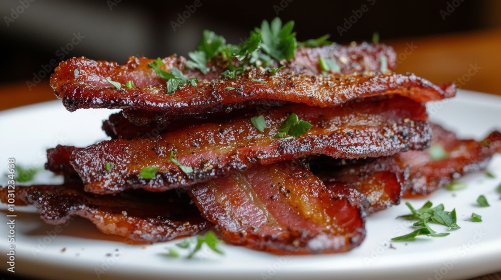 Crispy Bacon on White Plate with Fresh Herbs Crispy Bacon on White Plate with Fresh Herbs