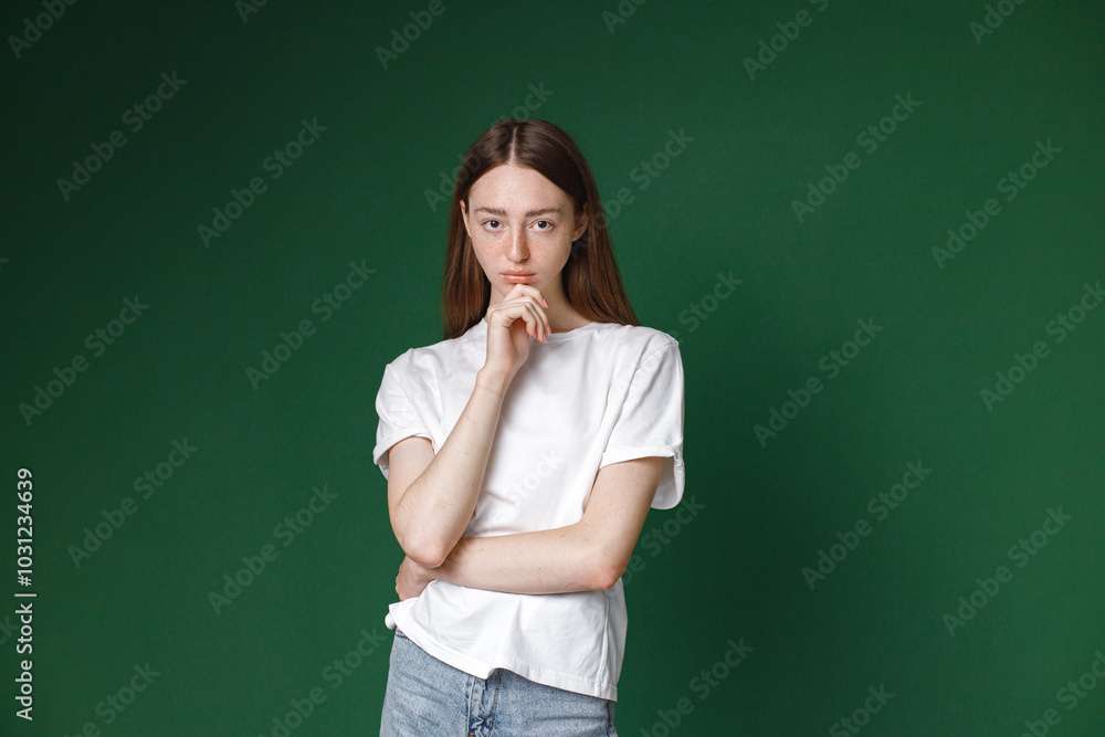 Studio portrait of a girl model isolated on green background Studio portrait of a girl model isolated on green background
