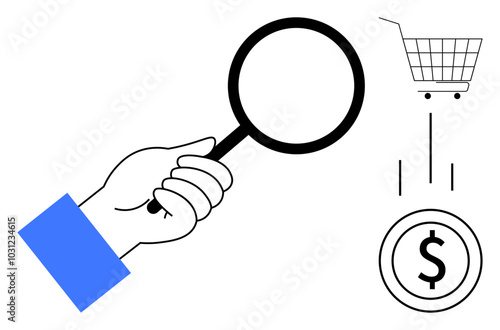 Hand holding magnifying glass looking at shopping cart and dollar sign. Ideal for online shopping, e-commerce analysis, consumer purchasing, financial transactions, market research. Simple line art