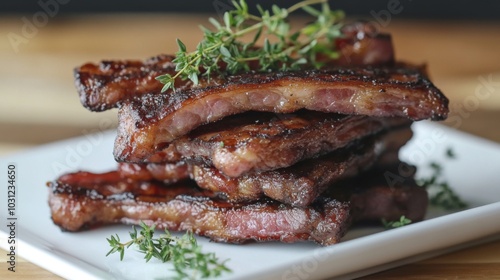 Juicy Grilled Ribs with Fresh Herbs on White Plate