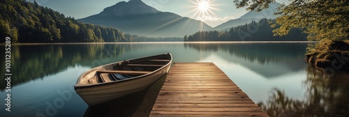 A tranquil lakeside scene with a wooden boat resting on a dock. Soft light illuminates the landscape, creating a serene atmosphere. Perfect for nature lovers and relaxation themes. AI photo