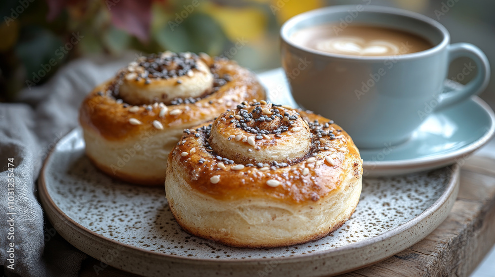 Close up of two sweet, cinnamon rolls with a cup of coffee in the background. Close up of two sweet, cinnamon rolls with a cup of coffee in the background.
