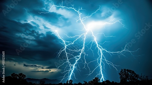 Bright lightning strike illuminating the night sky