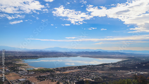 Panoramic view of Lake Elsinore, California on a sunny day