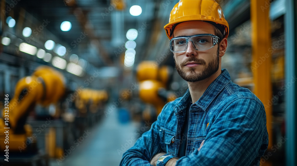 Young Caucasian man working in a factory, arms crossed, with a serious expression. Young Caucasian man working in a factory, arms crossed, with a serious expression.
