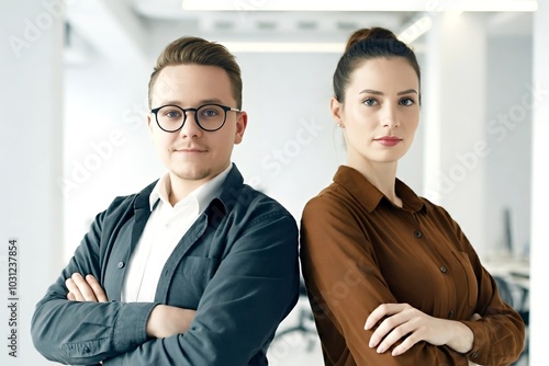 Two professionals standing back-to-back with arms crossed in an office setting.