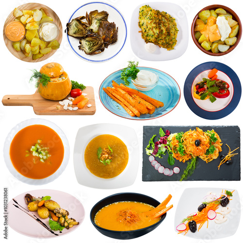 Healthy eating. Set of various dishes from vegetables isolated on white ..